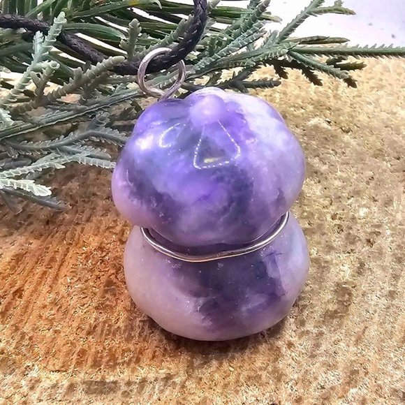 Nature Purple Fluorite Hand Carved Stacking Funny Pumpkin Pendant Necklace - Picture 3 of 10